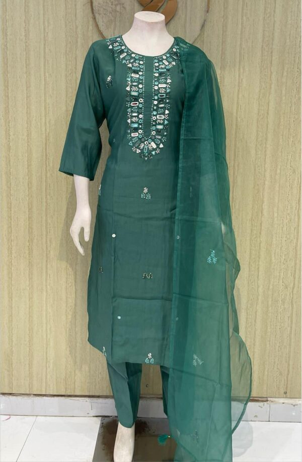 Deep Emerald Green Silk Suit with Premium Mirror Collar Embroidery