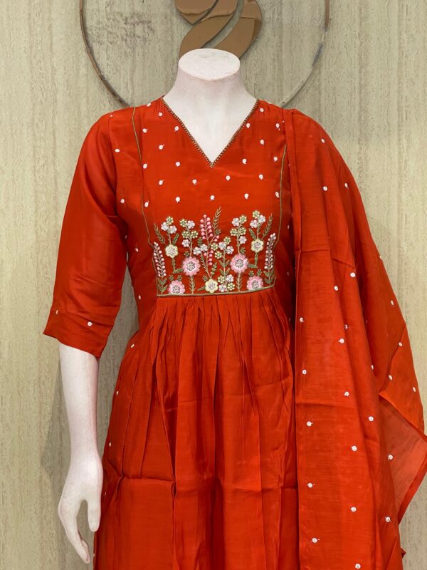 Terracotta Brick Red Silk-Blend Flared Midi Anarkali Set