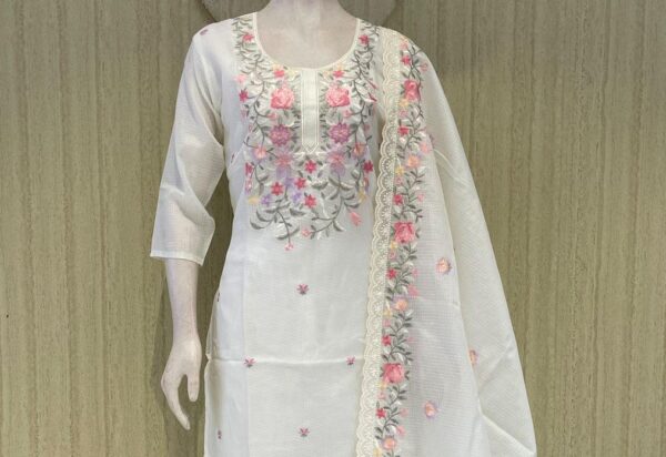 Ivory White Chanderi Silk Suit Set with Pastel Floral Embroidery