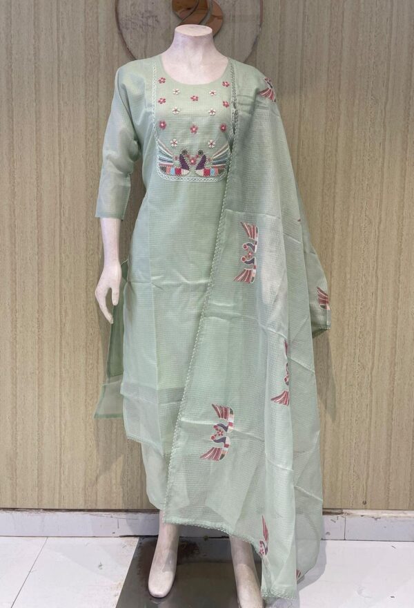 Ash Grey Semi-Silk Salwar Suit with Pearl Beads & Bird Motifs