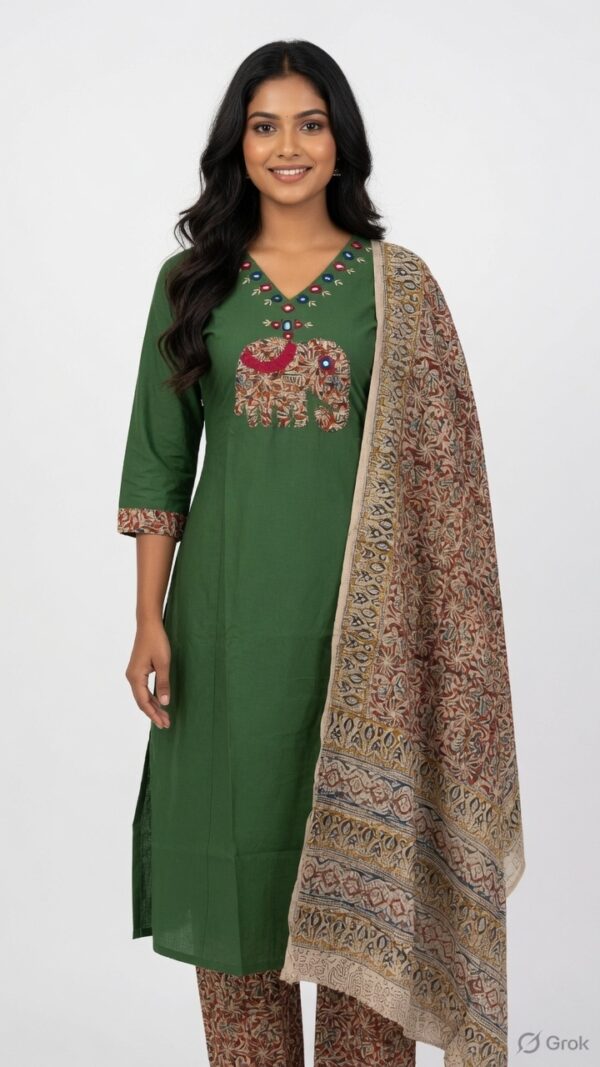 Forest Green Elephant Kalamkari Suit