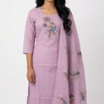 Pastel Lavender Cotton Suit with Floral & Bird Embroidery