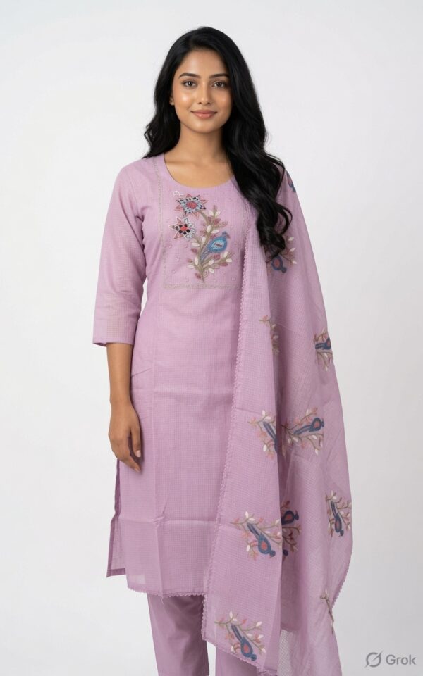 Pastel Lavender Cotton Suit with Floral & Bird Embroidery