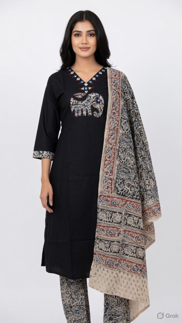 Jet Black Elephant Kalamkari Suit