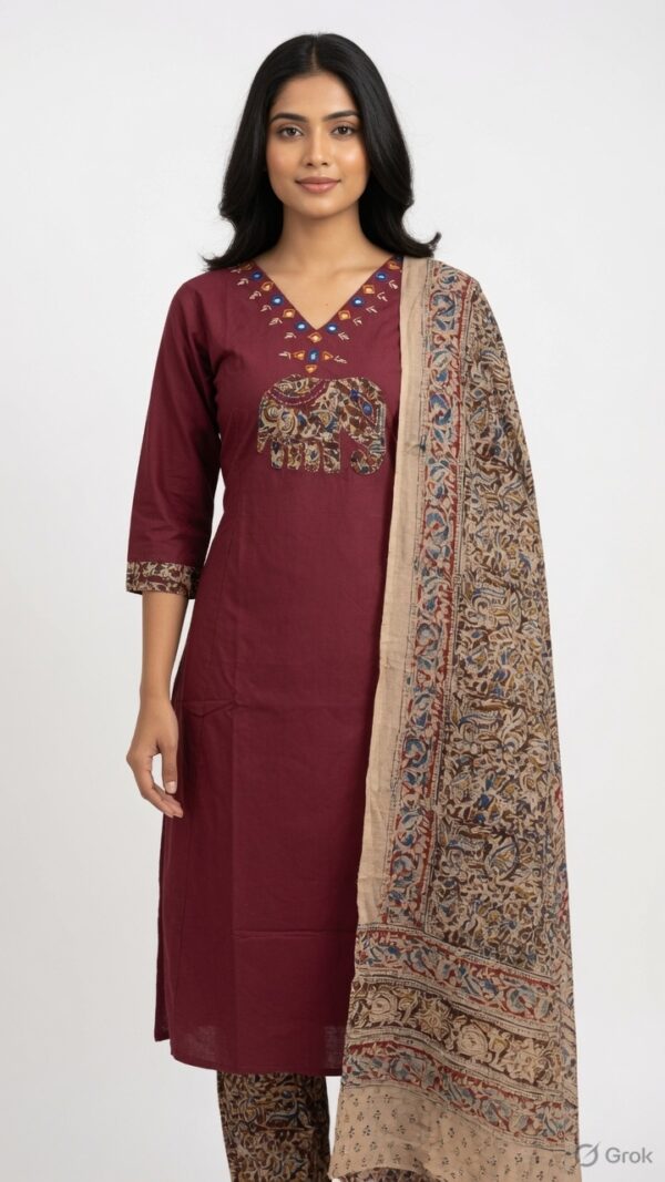 Deep Maroon Elephant Kalamkari Suit